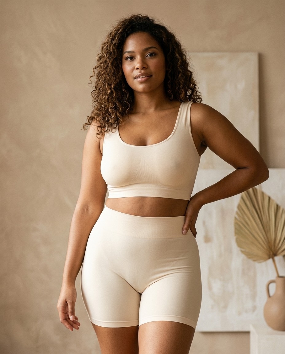 Femme portant le shorty Sinaé coloris nude